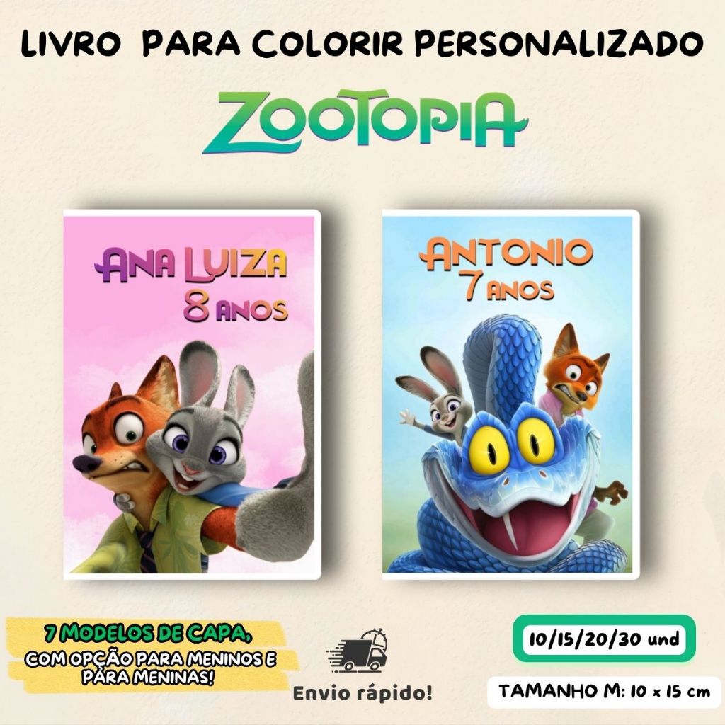 Kit 10-30 Livro para Colorir Personalizado Zootopia 10x15 -M- Lembrancinha Aniversário Infantil-Revista Livrinho Colorir