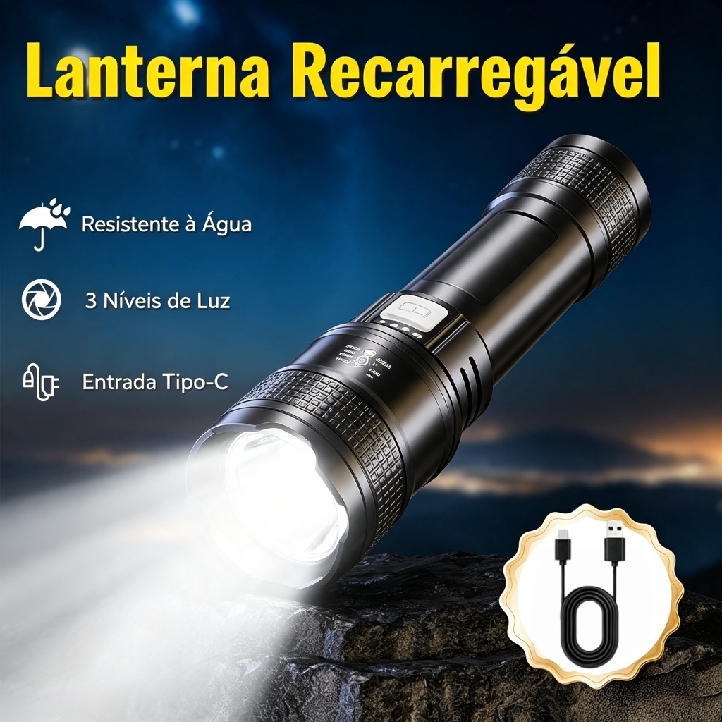 Lanterna Tática P50 Ultra Brilhante, Recarregável USB, À Prova D'água, Ideal para Camping e Emergência
