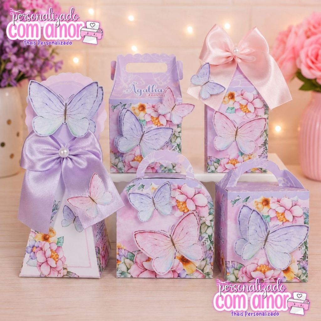 Kit Personalizados  Jardim das borboletas no lilás e no Rosa Mimos de Aniversário Lembrancinhas Caixinhas Personalizadas
