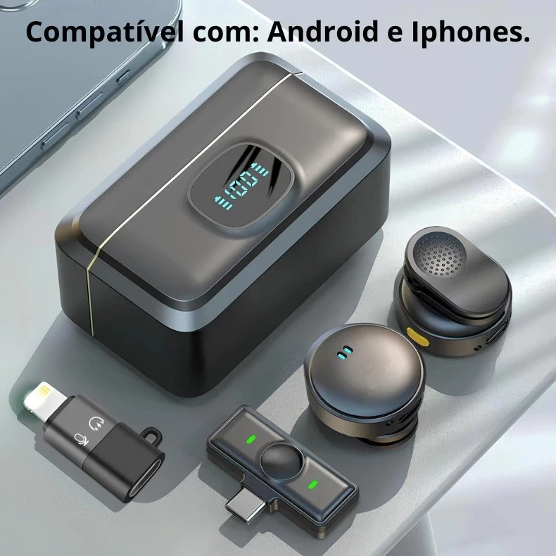 Microfone Lapela Magnético Sem Fio Duplo | Redução de Ruído, Estojo de Carga, Ideal para Live, Gravação e Entrevistas