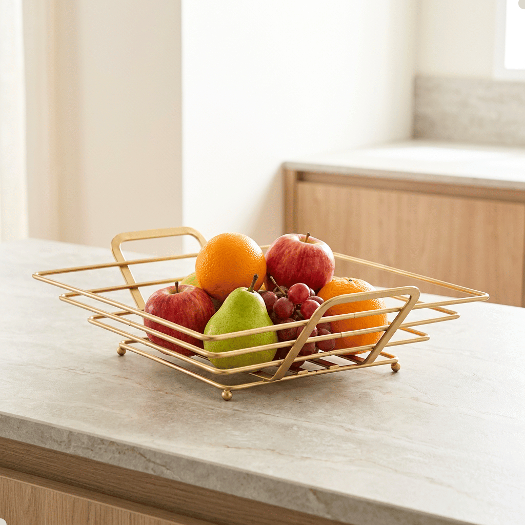 Fruteira Arthi Gold 28cm Dourada Aço Cesto Frutas Mesa Bancada Cozinha Centro de Mesa Decorativa