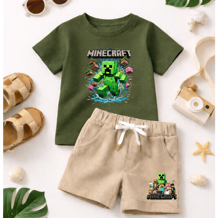 Conjunto Infantil, Meninos - Minecraft, Camiseta em 100% Algodão e Short Moletinho - Alta Qualidade e Estampa Divertida