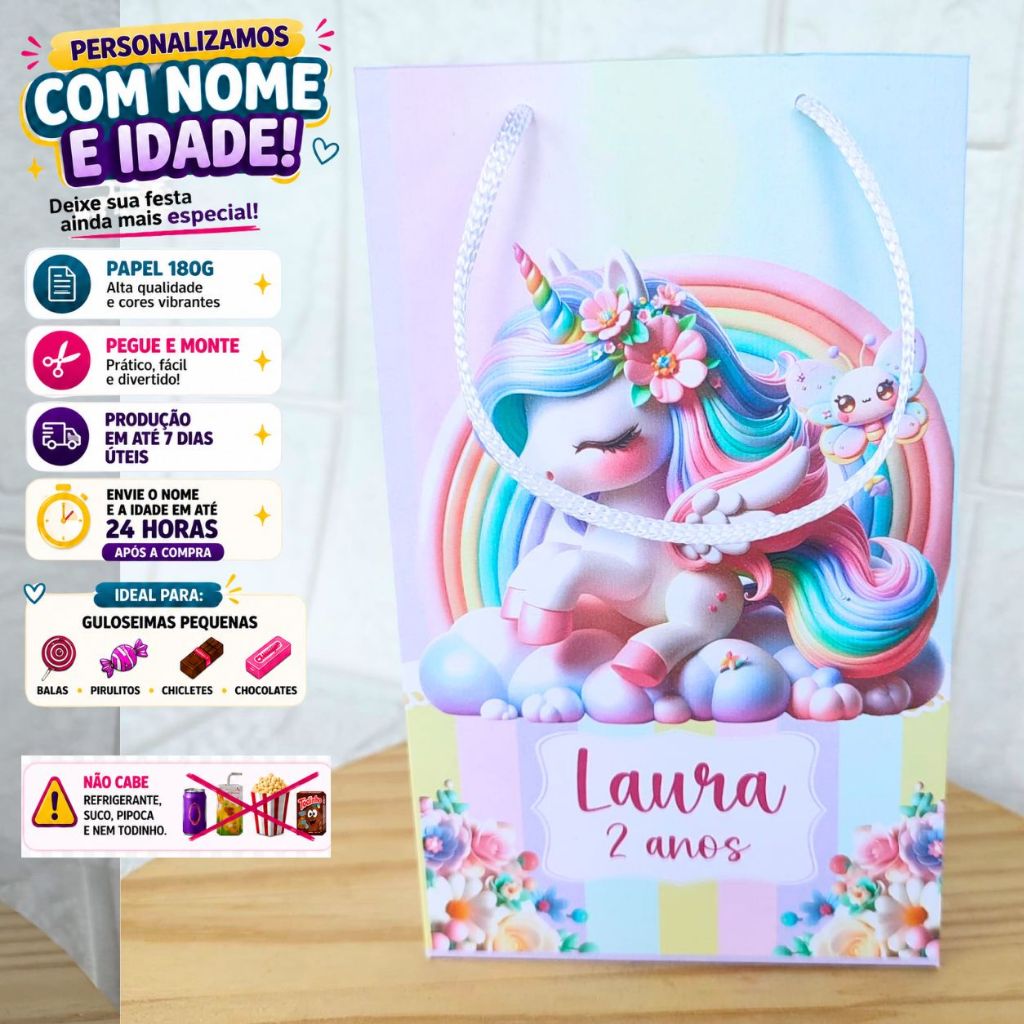 50 SACOLINHAS UNICORNIO -sacola surpresa- lembrancinha festa infantil -Pegue e Monte