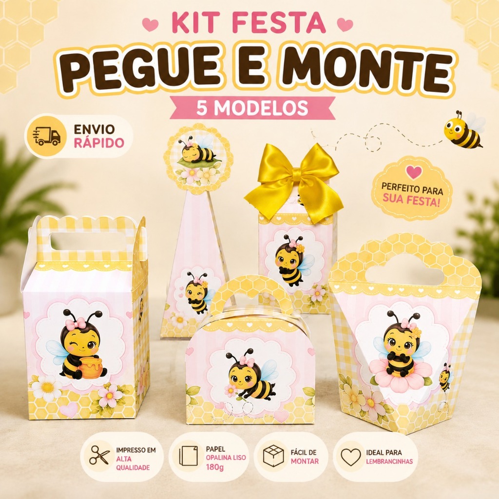 Caixinhas Personalizadas Abelhinha - Kit Festa PEGUE/MONTE Lembrancinha Decoração Kit Festa infantil