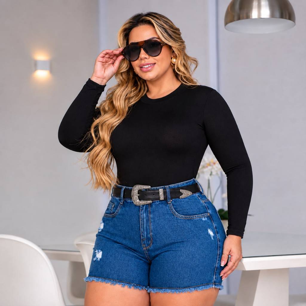 Short Jeans Feminino Plus Size Curto Sem Elastano Cós Alto