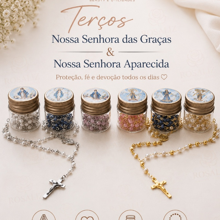 Terço Nossa Senhora das Graças e Nossa Senhora Aparecida com Potinho – Batizado, Crisma, Casamento, Lembrança e Presente