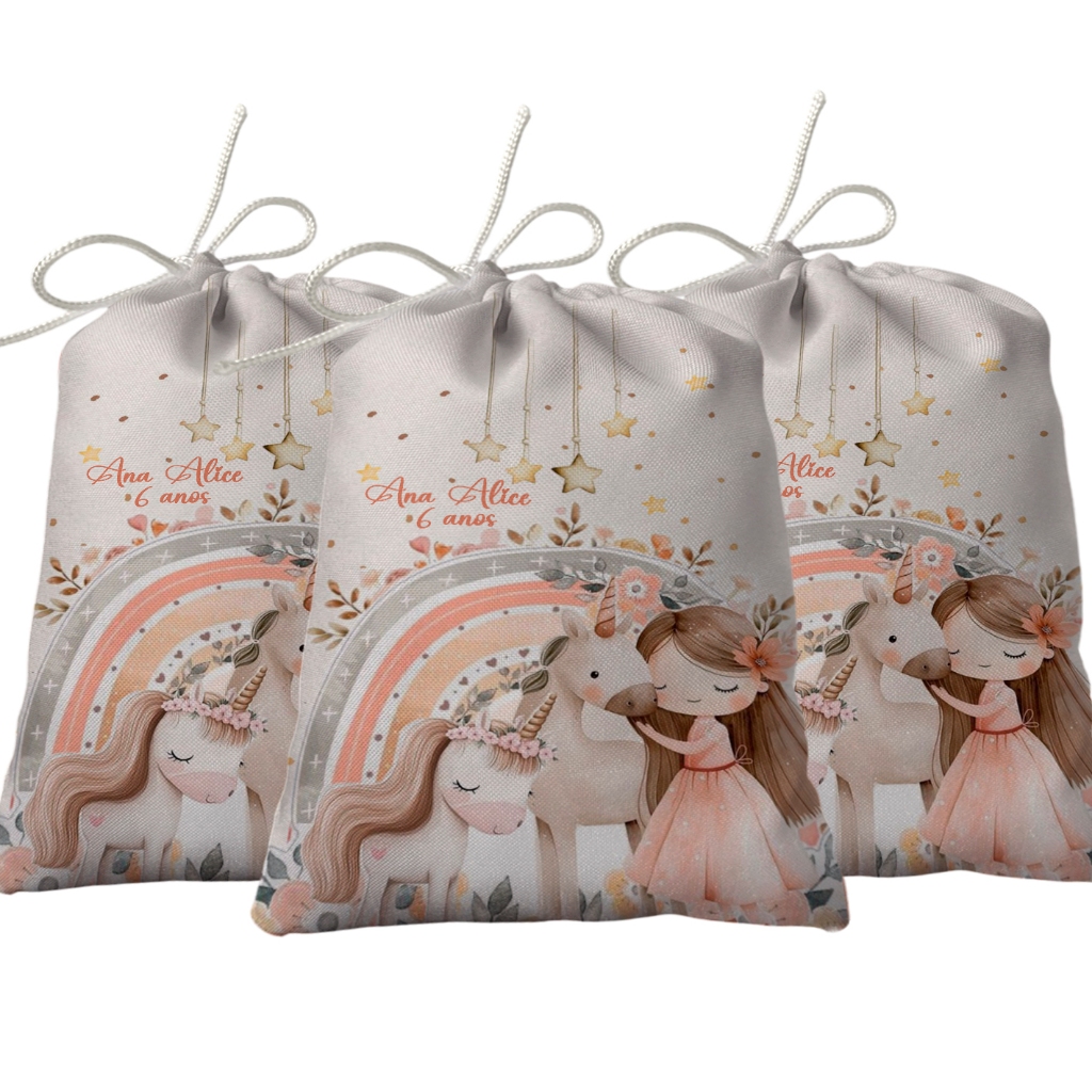 Sacolinha Lembrancinha Festa Aniversário Surpresa Tecido Personalizado Unicórnio Boho