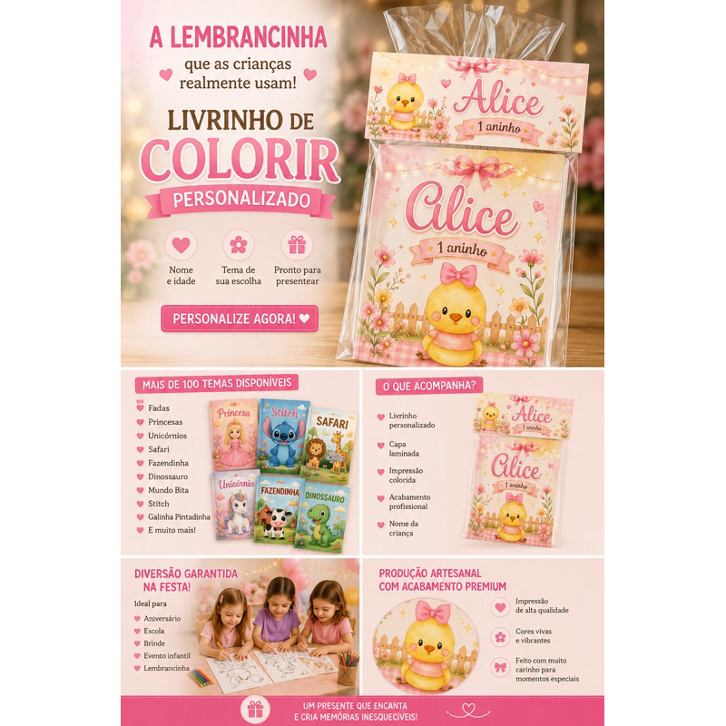 Livrinho de Colorir Personalizado Infantil A5 | Lembrancinha de Aniversário com Nome e Tema