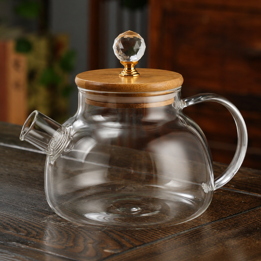 bule chaleira vidro Borrosilicato com infusor e tampa de bambu 1000ml