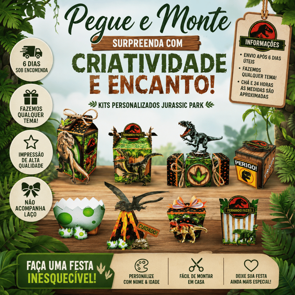 Kit Festa Jurassic Park Pegue e Monte Lembrancinhas Personalizadas Aniversário Infantil Decoração Dinossauro