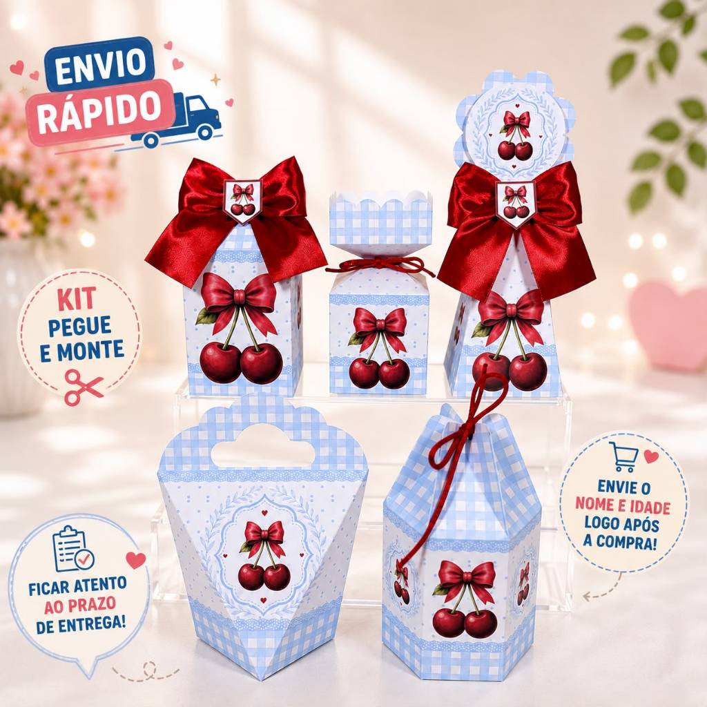 kit Caixinhas Personalizadas para Festa CEREJINHA AZUL E VERMELHA Lembrancinhas de Aniversário DESMONTADO.