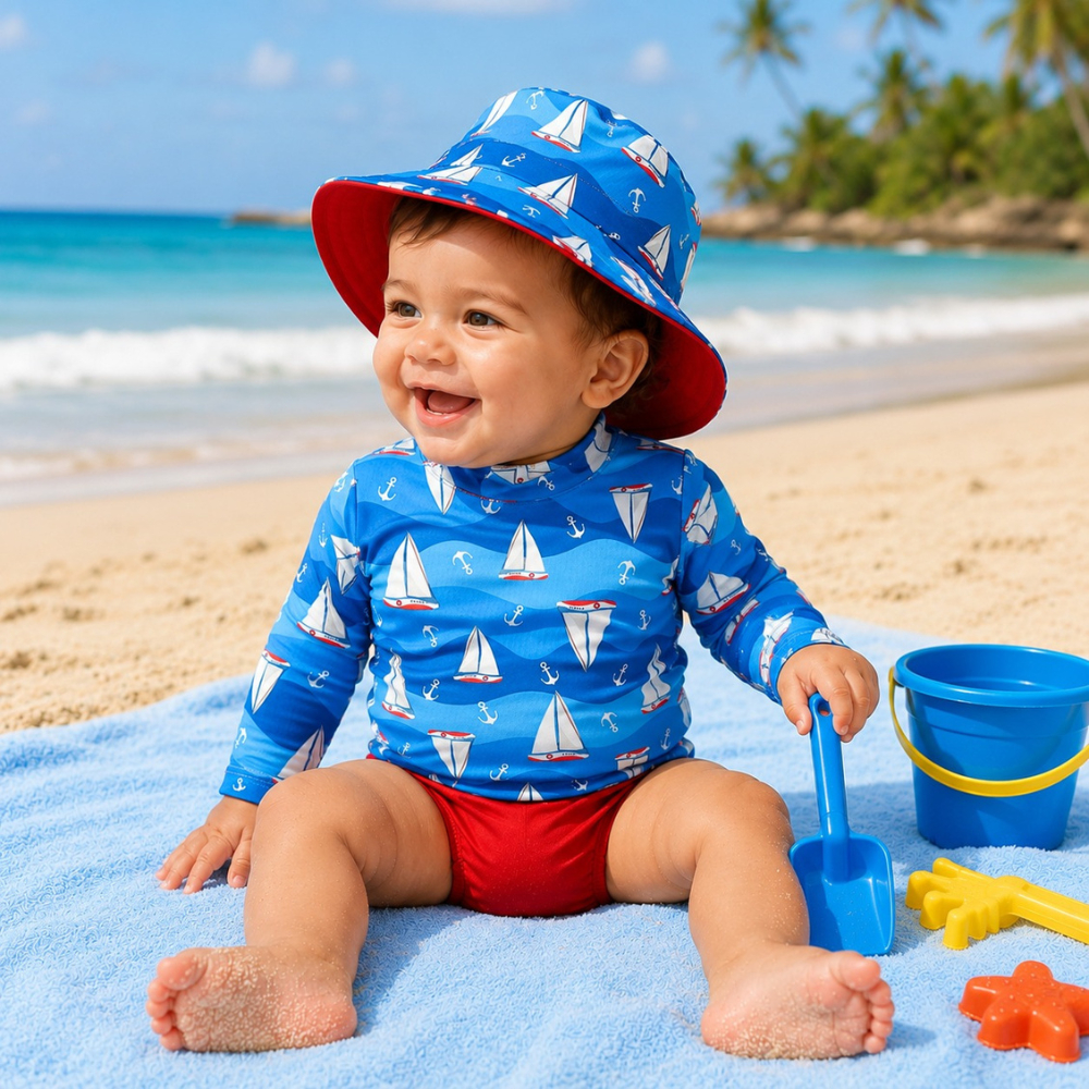 Kit Lote Blusa com Proteção Solar UV50 + Tapa Fralda (sunga) + Chapéu Bebê e Infantil Moda Praia Meninos