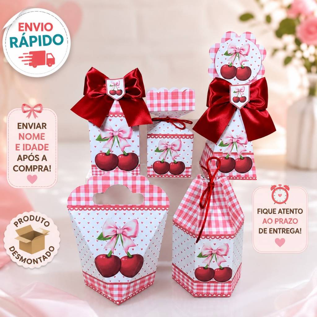kit Caixinhas Personalizadas para Festa CEREJINHA VERMELHA Lembrancinhas de Aniversário DESMONTADO.