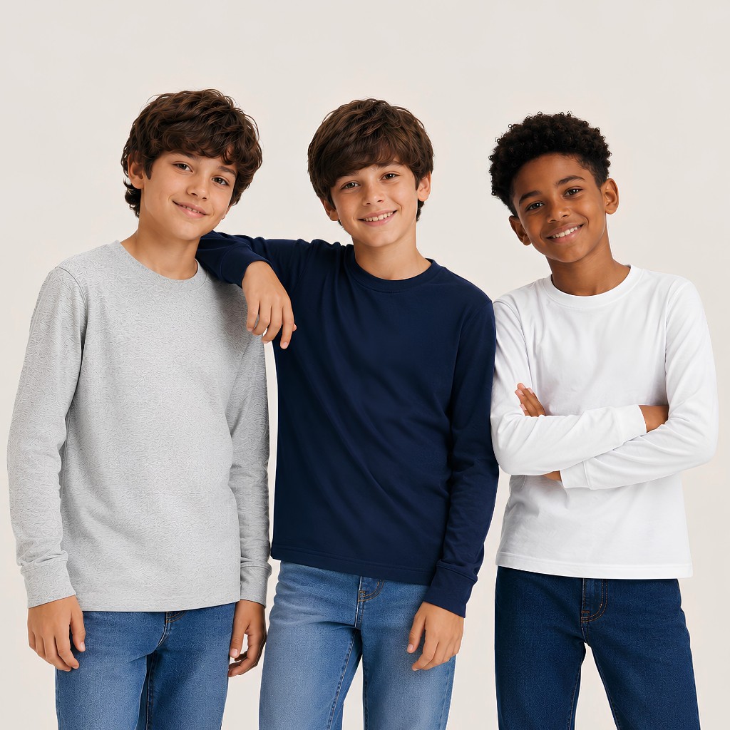 Kit 2 Blusa Manga Longa em Algodão Cores Básicas Para Meninos Tamanho 1 ao 14