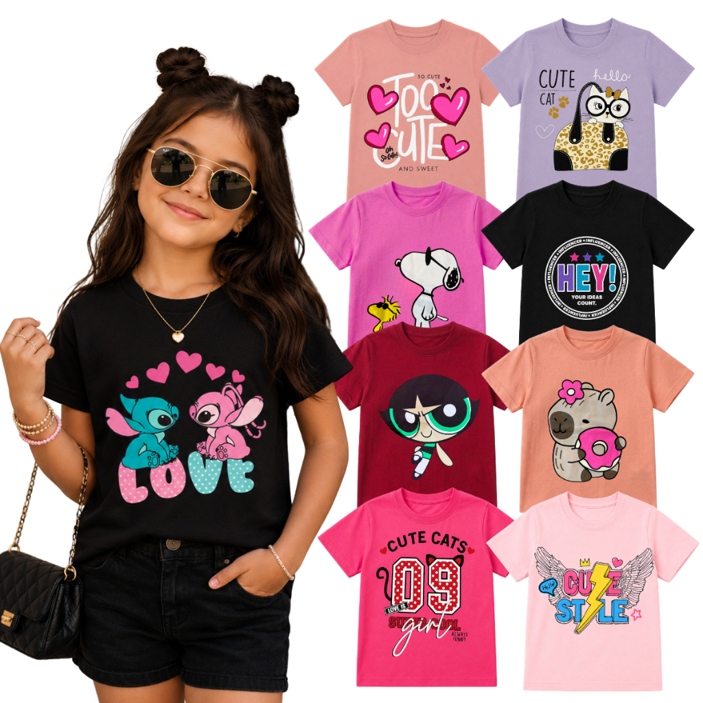 Blusa Infantil Menina Sortido Manga Curta Tamanho 1 ao 16 | Camiseta Feminina Infantil Juvenil Adolescente
