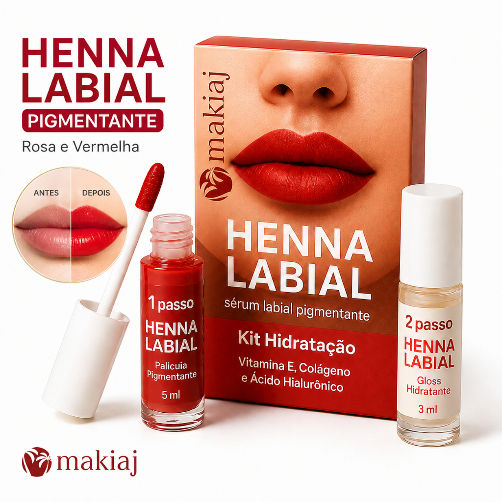 Henna Labial Pigmentante Makiaj Rosa e Vermelha Com Colágeno Ácido Hialurônico Gloss Hidratante Efeito Natural
