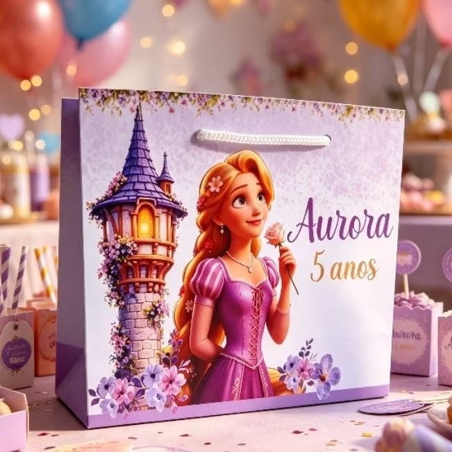 Sacolinha Rapunzel Personalizada (PEGUE E MONTE)Lembrancinha Infantil | Papel Fotográfico |  | Festa Princesa