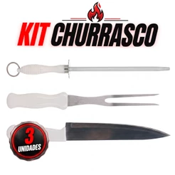Kit Churrasco 3 Peças Faca 30cm Garfo Chaira Aço Inox Cabo Branco Conjunto Profissional