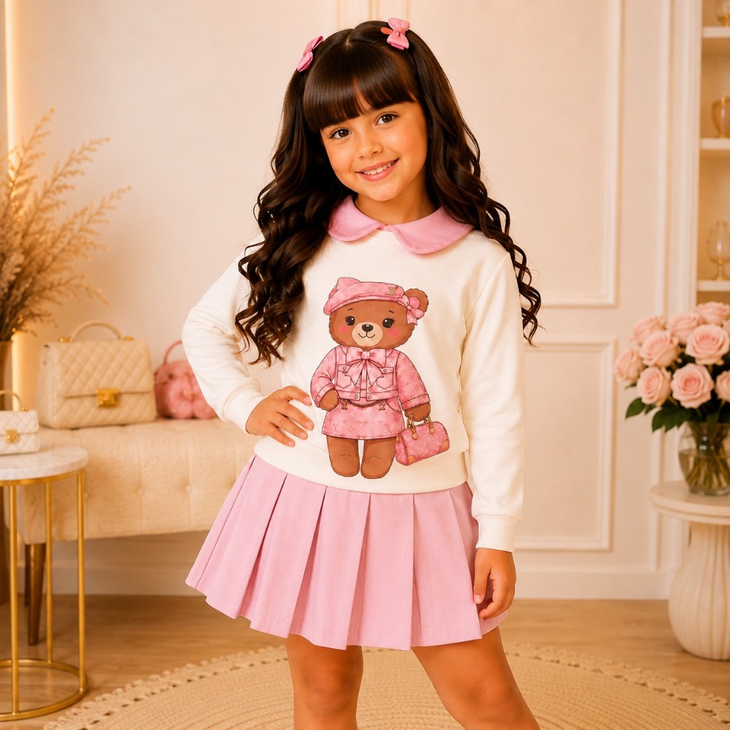 Conjunto Infantil Menina Ursinha Moletom Peluciado Short Saia Boutique Blogueirinha Inverno