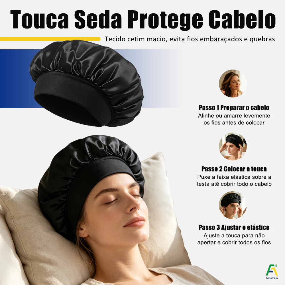 Touca/Gorro de Dormir de Cetim com Aba Faixa Larga Gigante Cabelo Anti Frizz Toca Head