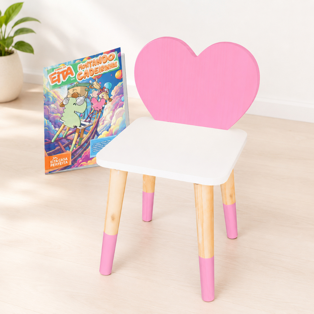 Cadeira Infantil Madeira Coração Brinquedo Pedagógico Criança Mobiliário Quarto Montessori Lúdico Kit Livro Educativo