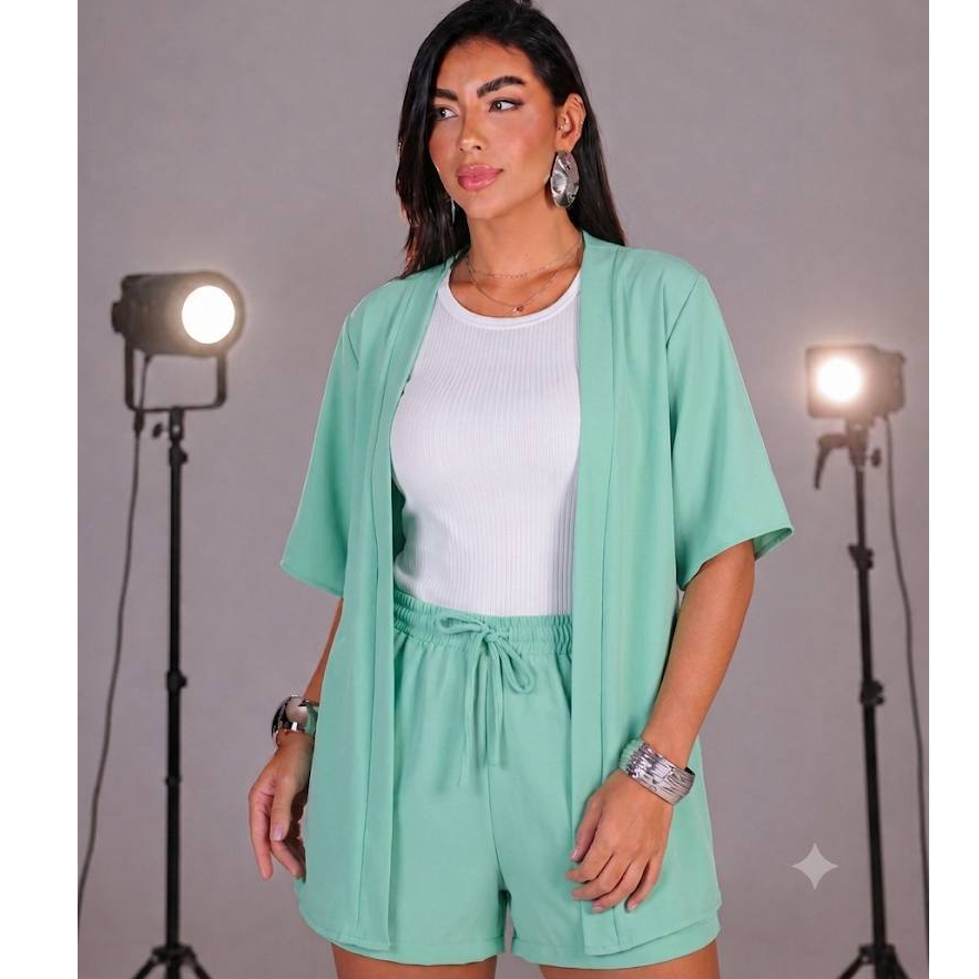 Conjunto Feminino Duna Kimono Short Liso Verão Elegante Leve Conforto Moda Tendência