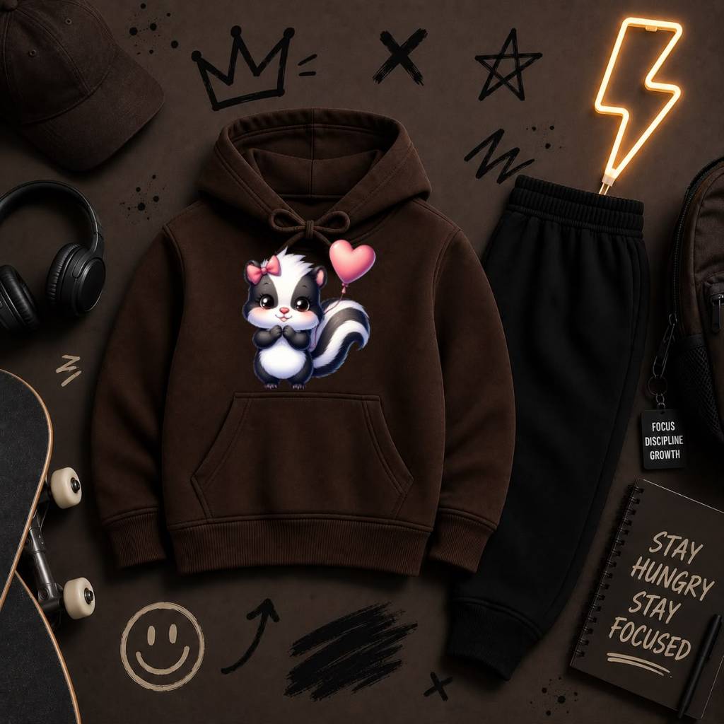 Conjunto Infantil Canguru de Moletom Flanelado Estampa Ganbazinho e Coração Casaco com Capuz e Calça Inverno Quentinho
