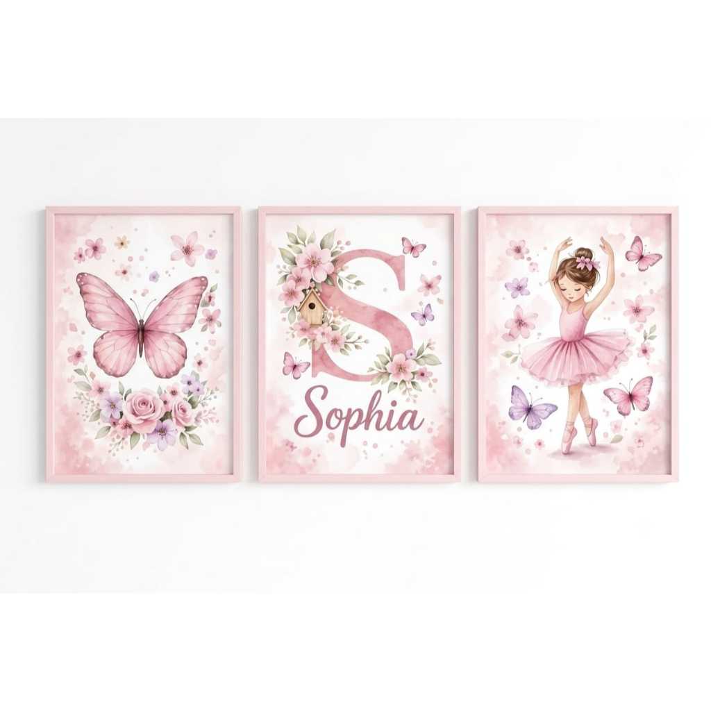Kit 3 peças Quadros Decorativo Borboleta bailarina Rosa Flores infantil Decoração Quarto Sala menina