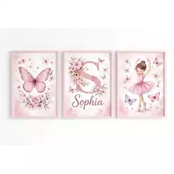 Kit 3 Quadros Decorativos Borboletas Rosa Luxo para Sala Quarto menina bailarina Nome Personalizável