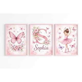Kit 3 Quadros Decorativos Borboletas Rosa Luxo para Sala Quarto menina bailarina Nome Per…