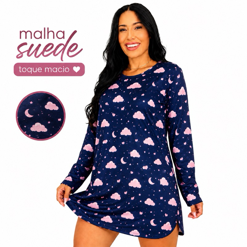 Pijama camisola confortável manga longa Talita noite vestido suede macia soltinha qualidade barato