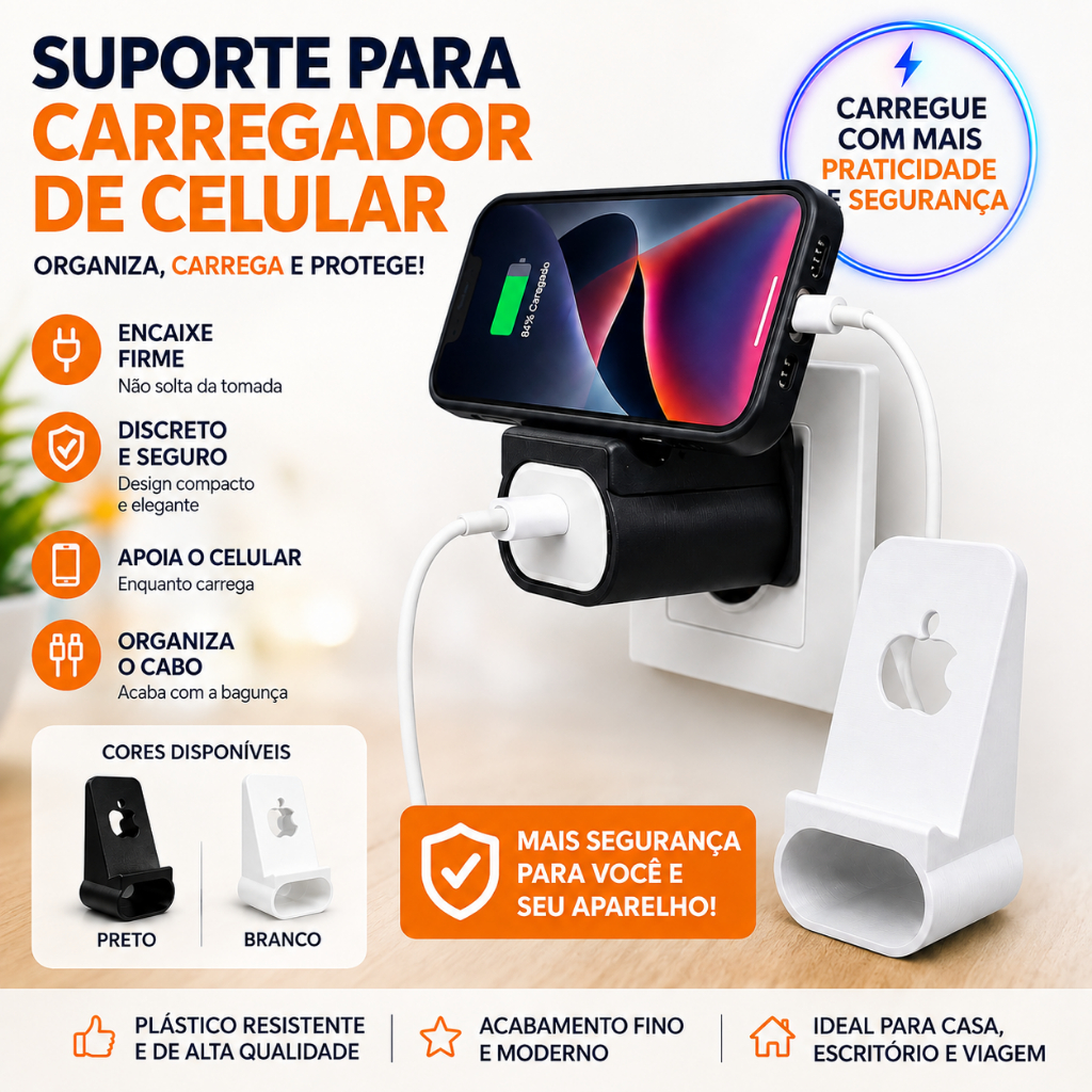 Suporte para Carregador de Celular iPhone Organizador de Tomada Apoio Seguro Material Resistente