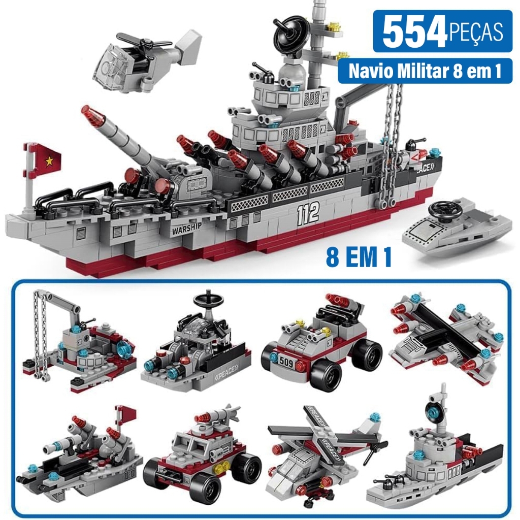 8 in 1 Building Toy with Red Bottom Warship 554 Pieces