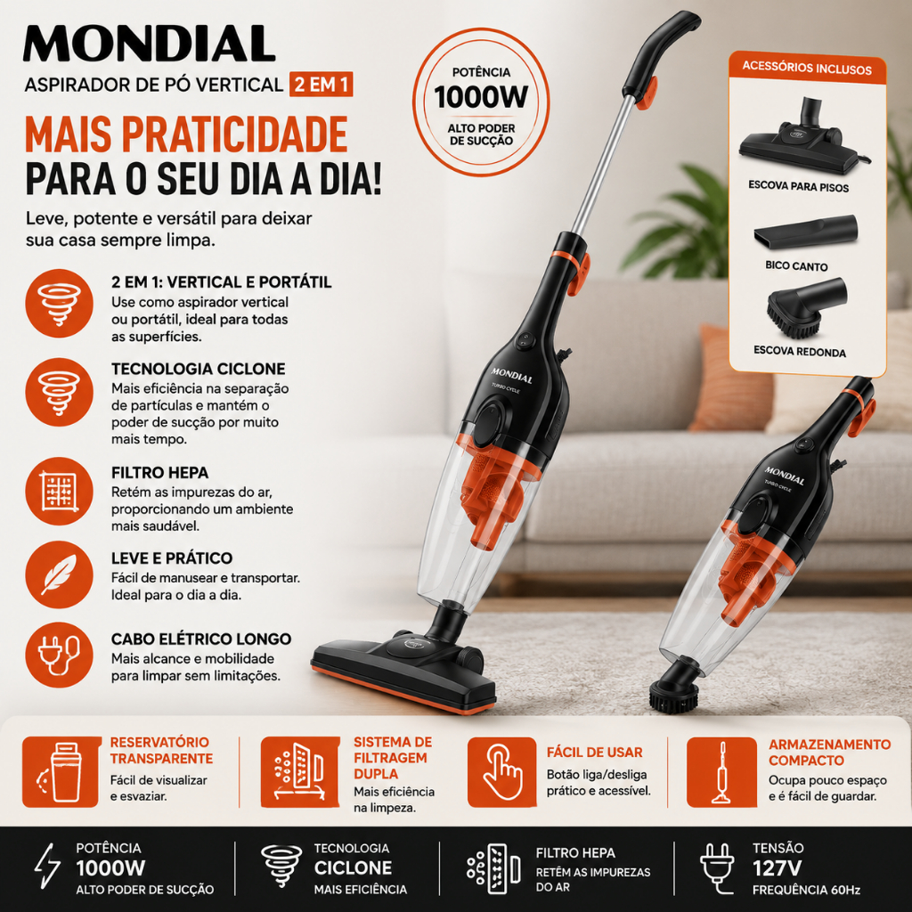 Aspirador de Pó Mondial Turbo Cycle AP-40-B 1500W 127V Vertical e Portátil Preto/Laranja