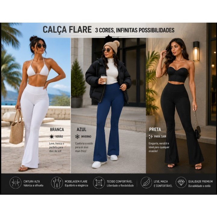 Calça Legging Leg Flare Zero Transparência Fitness Academia Treino e Casual Poliamida com Elastano