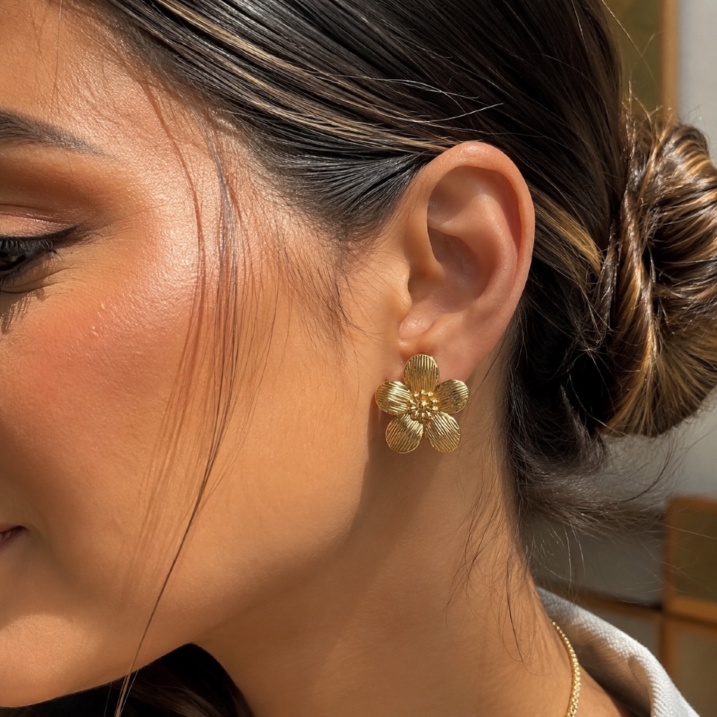 Brinco Flor Grande Dourado Feminino Aço Inoxidável Antialérgico Não Escurece
