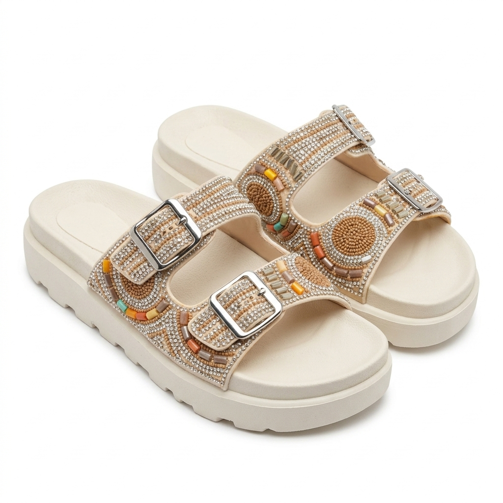 Sandália Feminina Plataforma com Fivelas Duplas e Pedrarias Chinelo Anatômico Casual Confortável