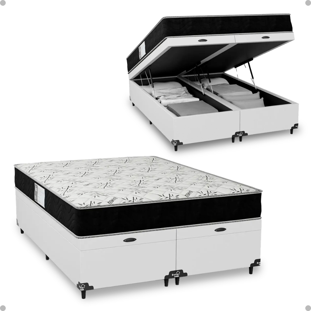 Cama Box Baú Casal Bipartido + Colchão D33 One Face - Couro Branco