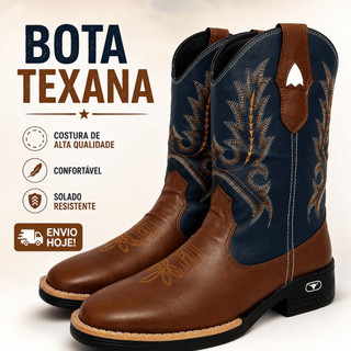 Bota Botina Masculina Country Texana Cano Alto em Couro