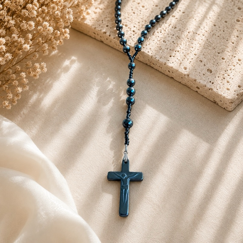 Terço Hematita Pedra Natural 54cm Crucifixo Hematita Rosário Católico