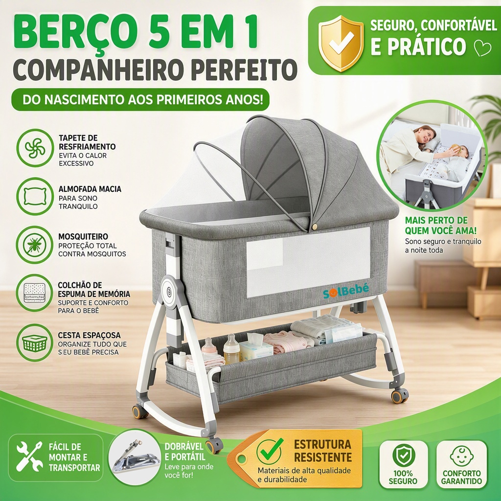 Berço Portátil Moises Co-bed Com Balanço Mosquiteiro e Cesto Regulagem De Altura