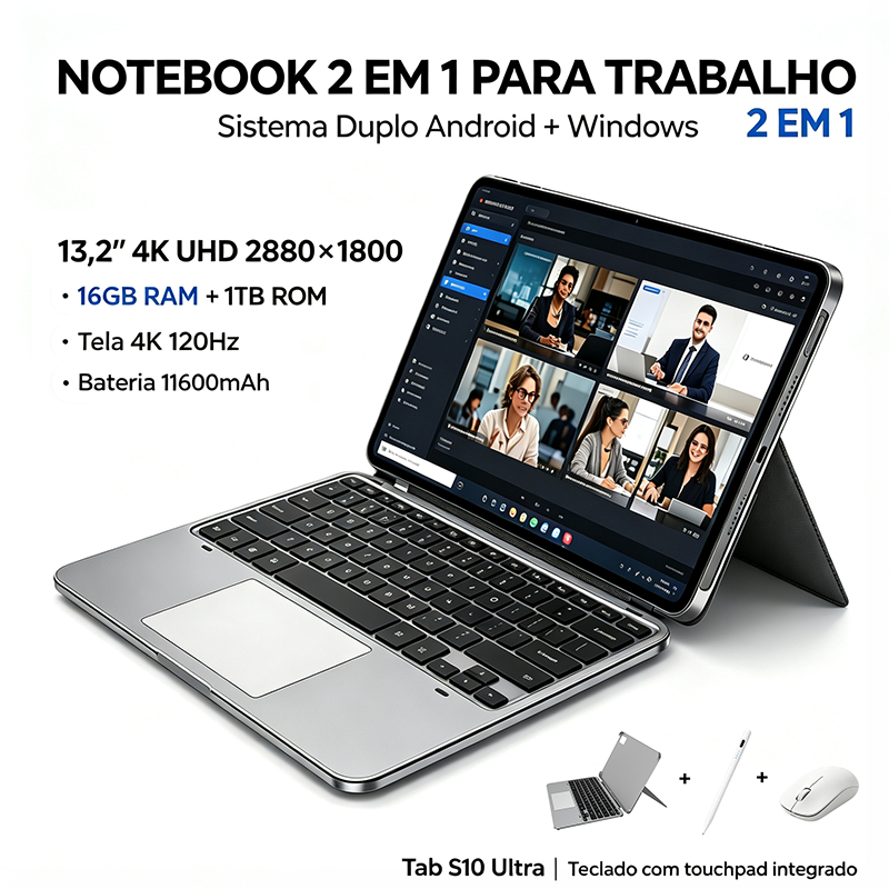 Tablet S10 Ultra 2 em 1 Android e Windows | 13,2'' Tela 4K 120Hz | 16GB+1TB | Teclado Magnético | Estilo Notebook