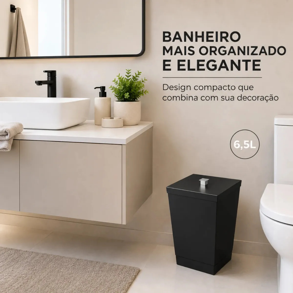 Lixeira com Tampa 6,5 Litros para Banheiro Cozinha Multiuso Compacta Preta e Branca