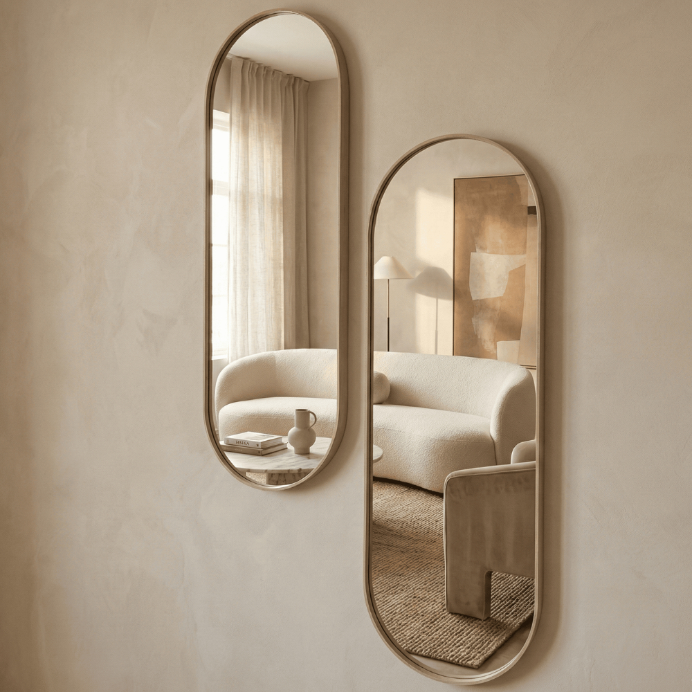 Kit 2 Espelhos Oval 60x20cm Com Borda em Couro Ecológico + Suporte Decorativo Quarto Sala Banheiro