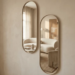 Kit 2 Espelhos Oval 60x20cm Com Borda em Couro Ecológico + Suporte Decorativo Quarto Sala Banheiro