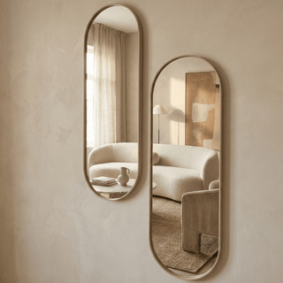 Kit 2 Espelhos Oval 60x20cm Com Borda em Couro Ecológico + Suporte Decorativo Quarto Sala Banheiro