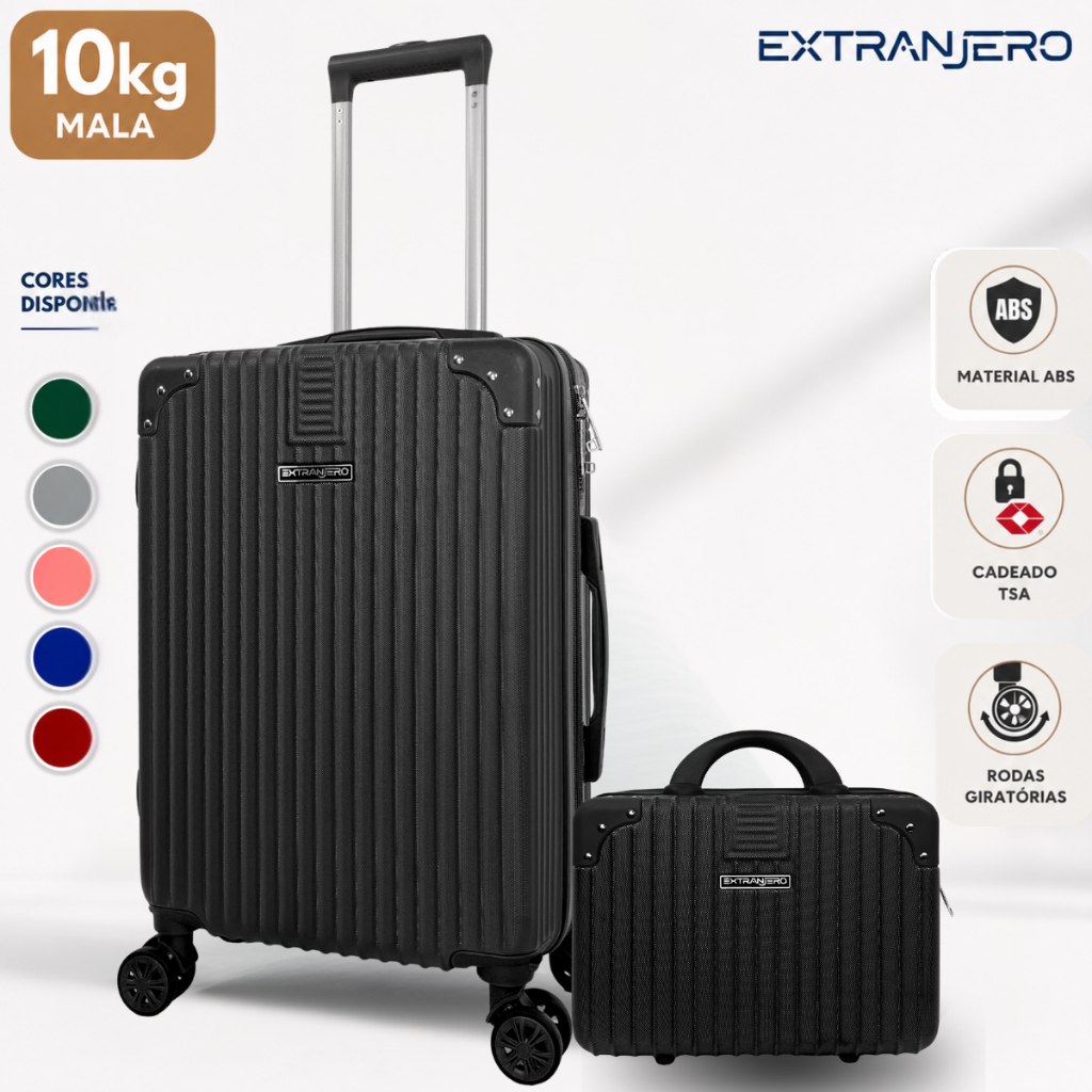 Kit Mala de Viagem com Frasqueira 10kg e 8kg Rodas 360° Zíper Expansível Cadeado TSA