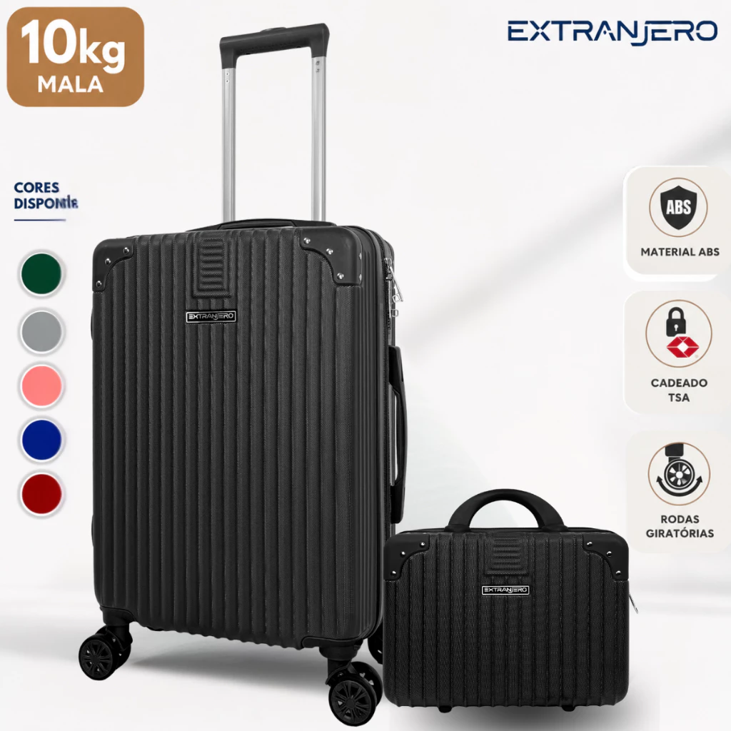 Kit Mala de Viagem com Frasqueira 10kg e 8kg Rodas 360° Zíper Expansível Cadeado TSA