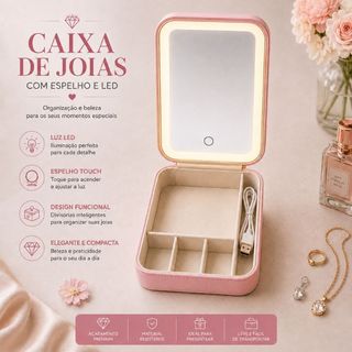 Caixa Porta Joias Luxo com Espelho LED USB Recarregável Organizador de Bijuterias 4 Divis…