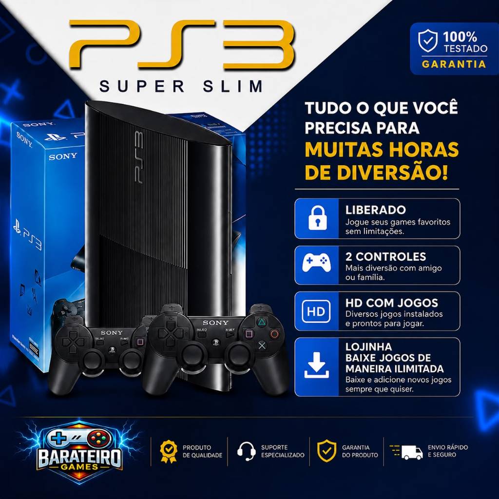 PlayStation 3 Super Slim + 2 Controles | Pronto para Jogar + HEN 100% ATUALIZADO COM LOJINHA
